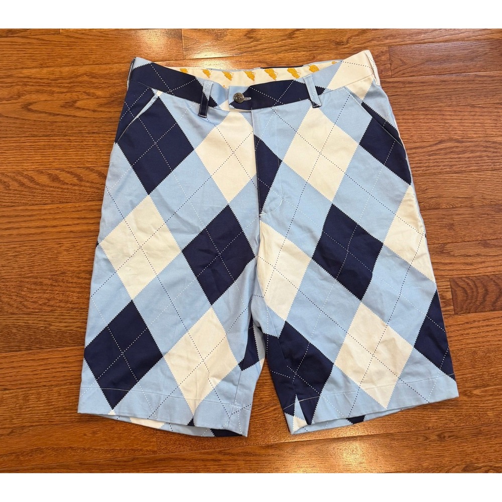 Loudmouth Golf Shorts Mens 32 Blue Argyle Plaid Cotton Stretch Casual Chino 11"‎